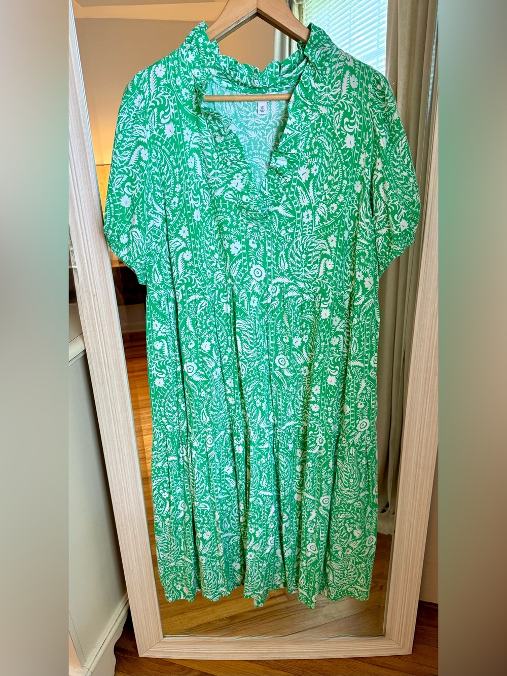 Crown & Ivy Puff Sleeve Ruffled Neck Green Paisley Tiered ALine Skirt Midi Dress